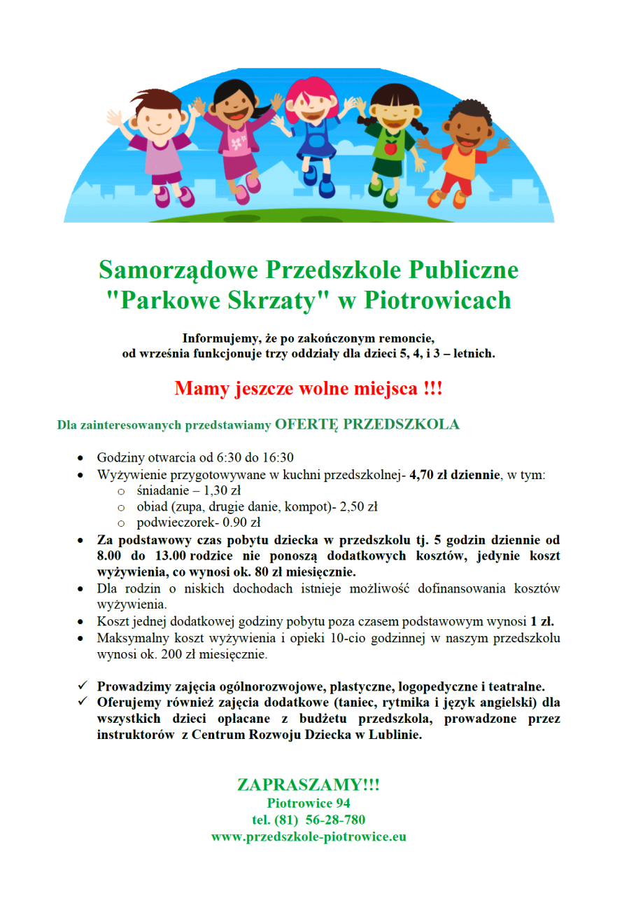 Samorzdowe Przedszkole Publiczne Parkowe Skrzaty w Piotrowicach zaprasza