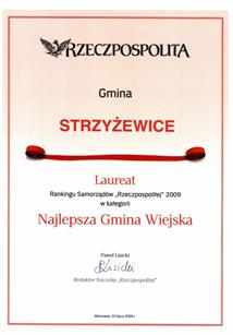 Dyplom dla Gminy Strzyewice - laureata rankingu Rzeczpospolitej 2009